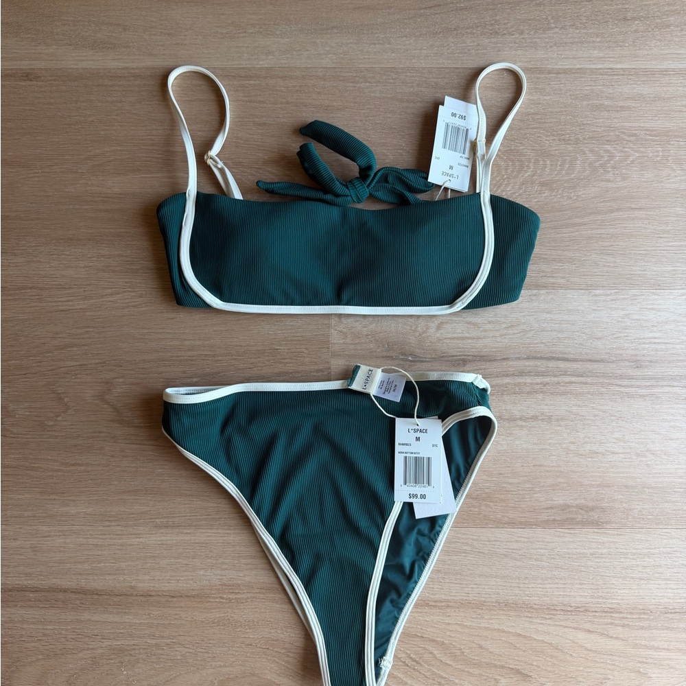 L SPACE Green Ribbed Bikini with White Trim